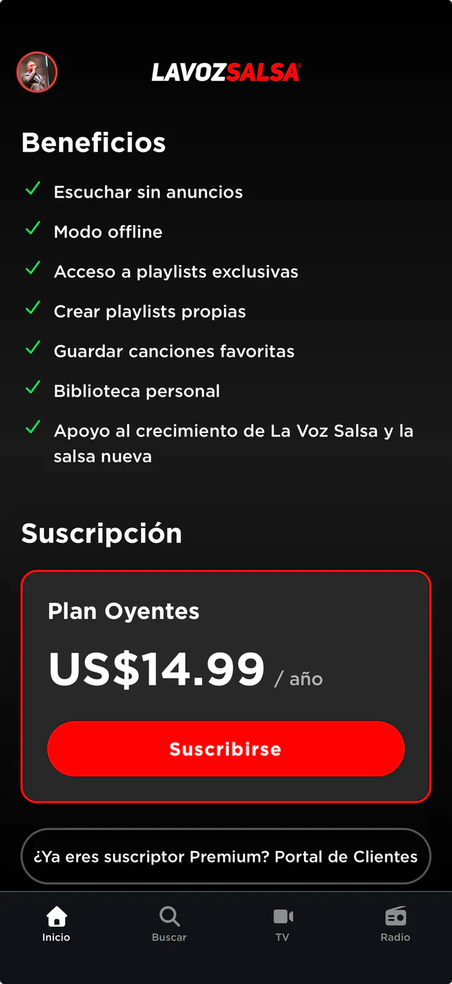 Pantalla de beneficios y suscripción de La Voz Salsa Premium
