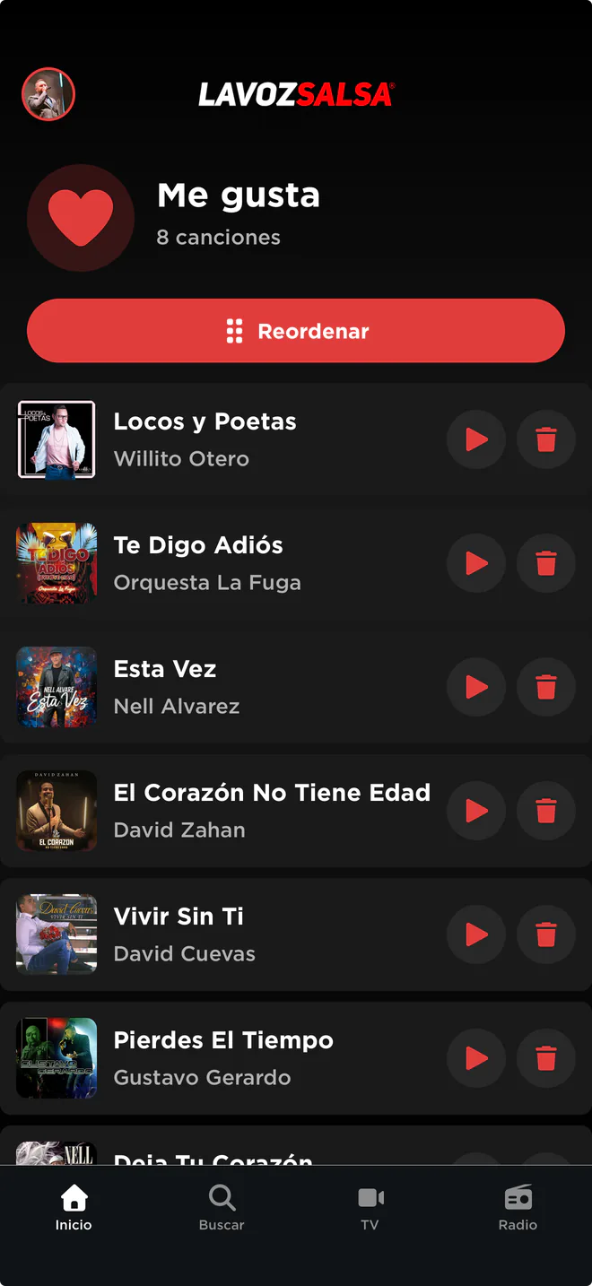 Pantalla real de Me gusta con canciones guardadas en La Voz Salsa
