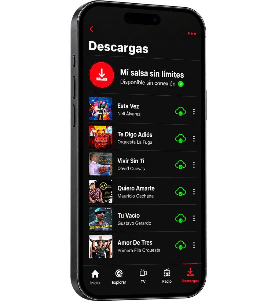 Teléfono de La Voz Salsa mostrando la biblioteca de descargas Premium