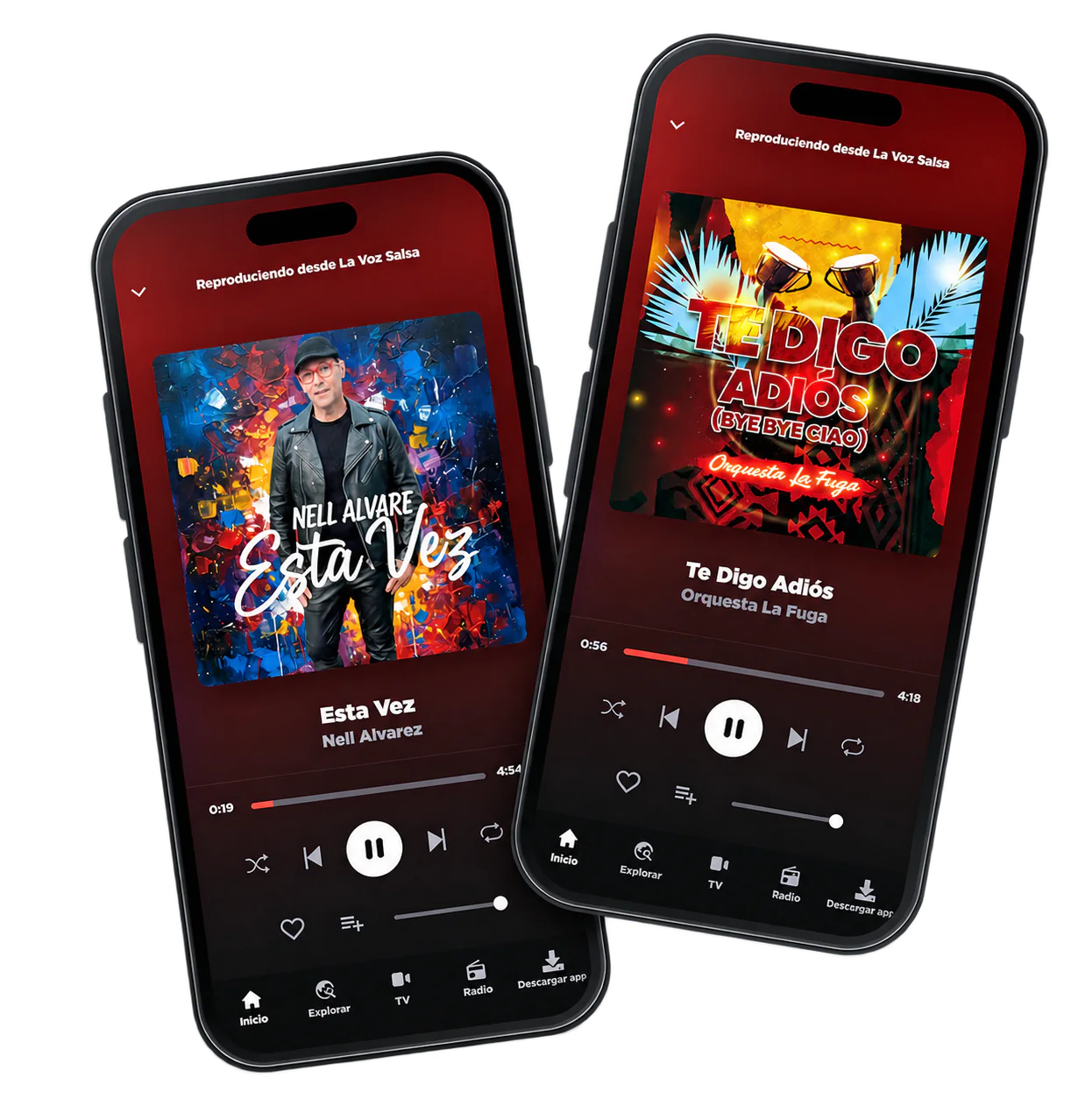 Dos celulares de La Voz Salsa con los reproductores de Esta Vez y Te Digo Adiós